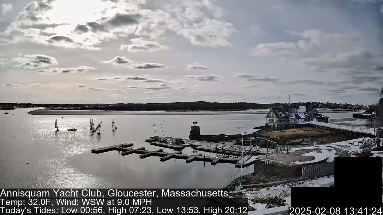 A partly cloudy day shows several sailboats on the water near a marina and a clubhouse with some snow on the ground.