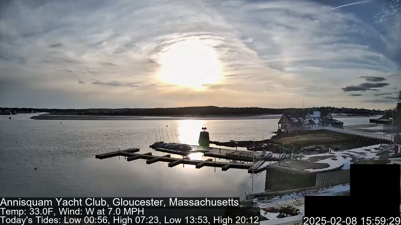 A calm body of water with a marina and a building on the shore under a partly cloudy sunset.