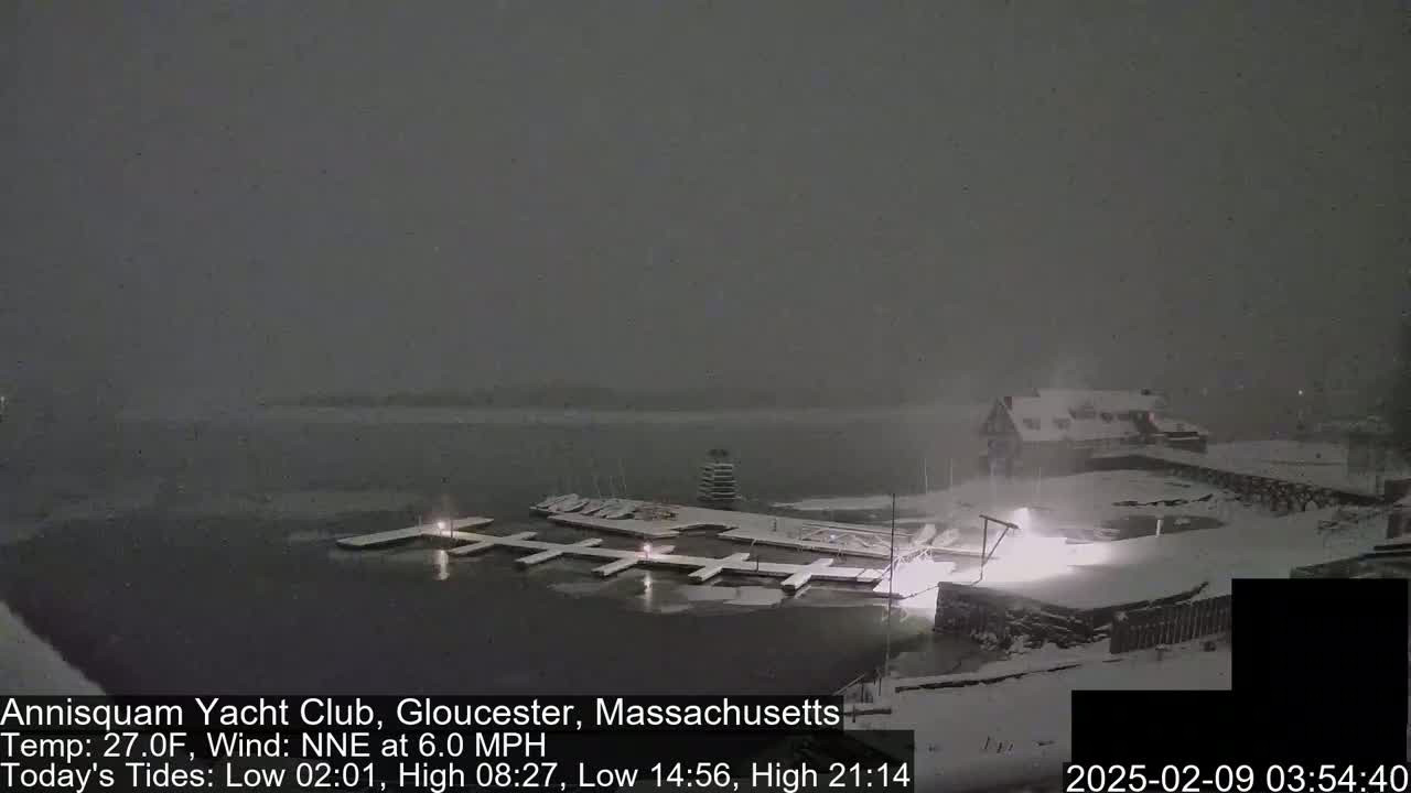 A snow-covered marina with boats docked under a heavy snowfall at night.