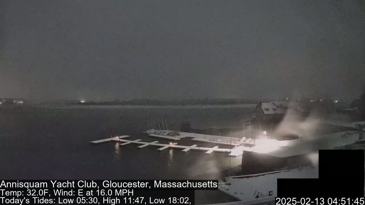 A snow-covered marina with docked boats is visible under a nighttime snowfall.