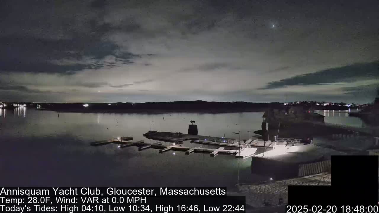 A nighttime view of a calm harbor with docked boats under a mostly cloudy sky.
