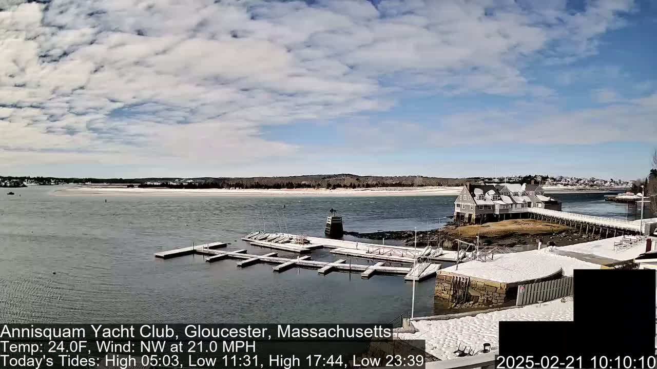 A partly cloudy, cold day with a northwest wind shows a snow-dusted yacht club and marina, with several boats docked.