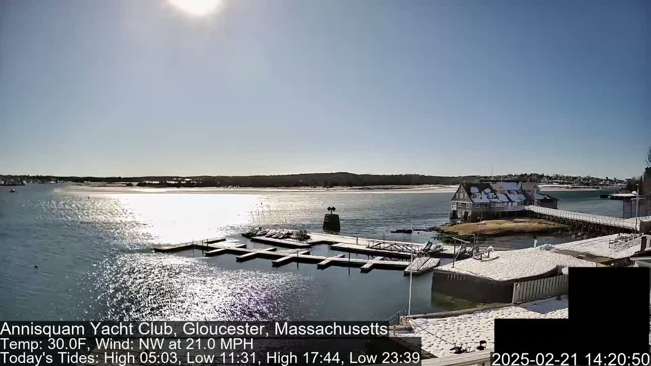 A sunny day with a northwest wind shows a partially snow-covered yacht club and marina on a calm body of water.