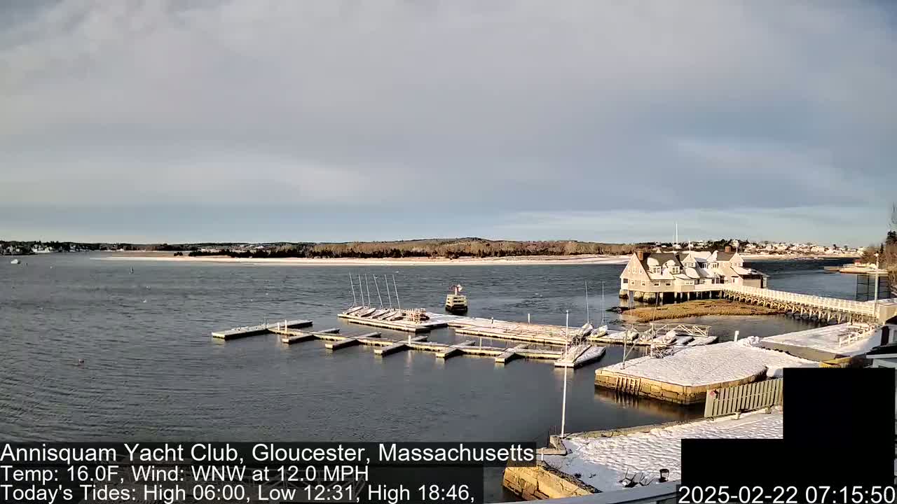 A partly cloudy, cold day shows a marina with boats and a clubhouse on a snow-dusted shoreline.