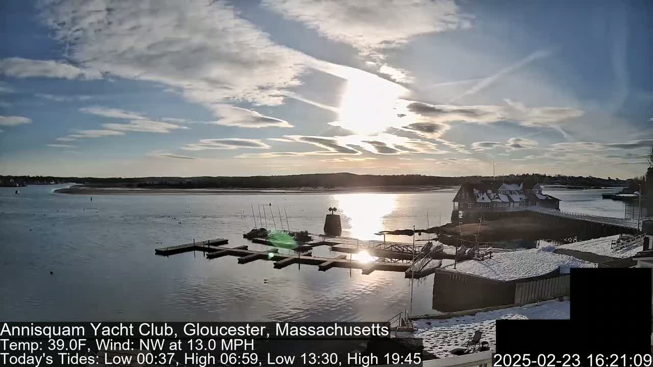 A partly sunny day with a northwest wind shows a snow-dusted marina and yacht club on a calm body of water.