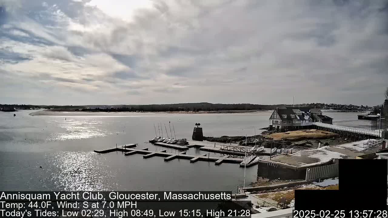 A mostly cloudy day with a 7 mph south wind shows a marina with sailboats docked near a clubhouse on a body of water.