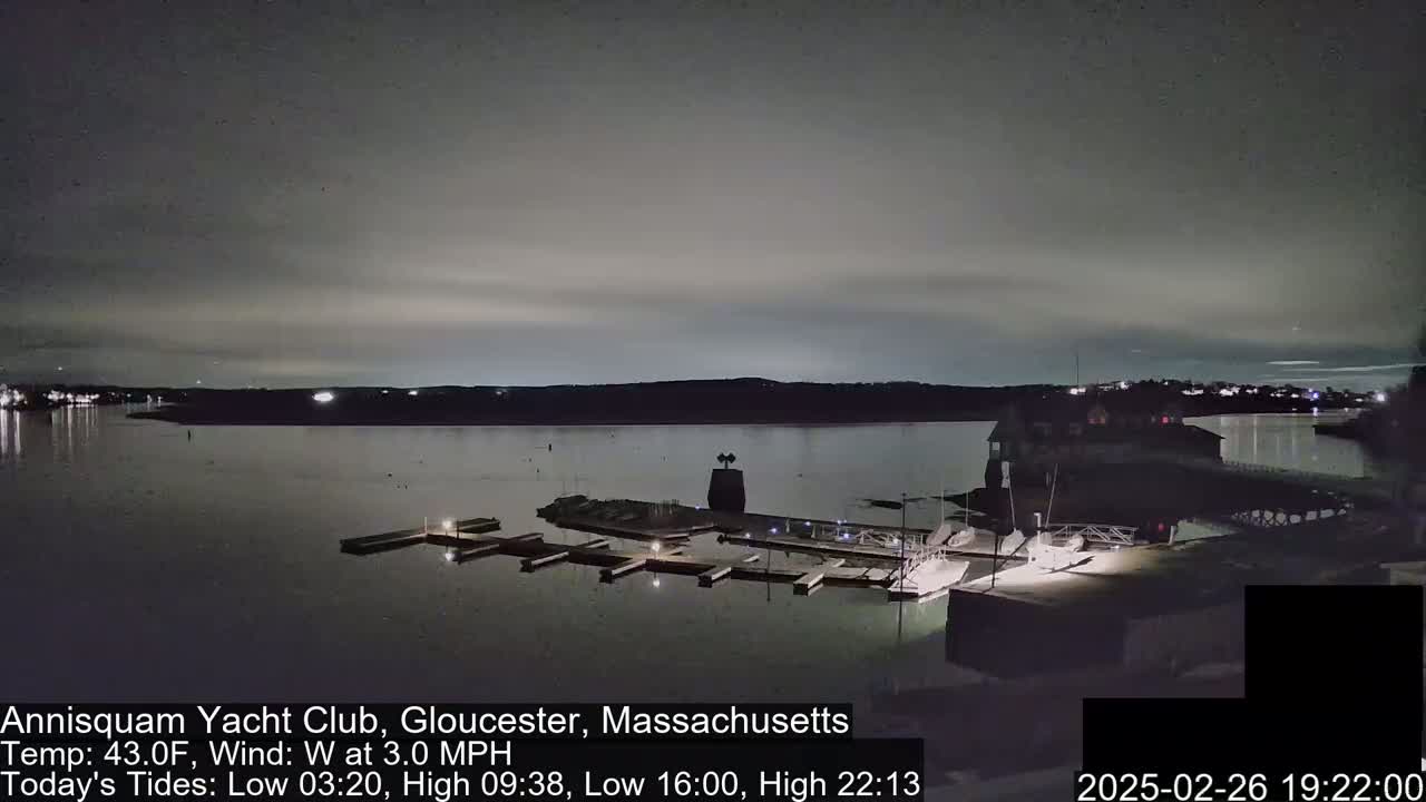 A nighttime view of a calm body of water with a marina and docked boats under a dark, cloudy sky.