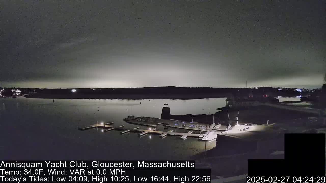 A nighttime view of a calm body of water with a marina and docks, under a dark, overcast sky.