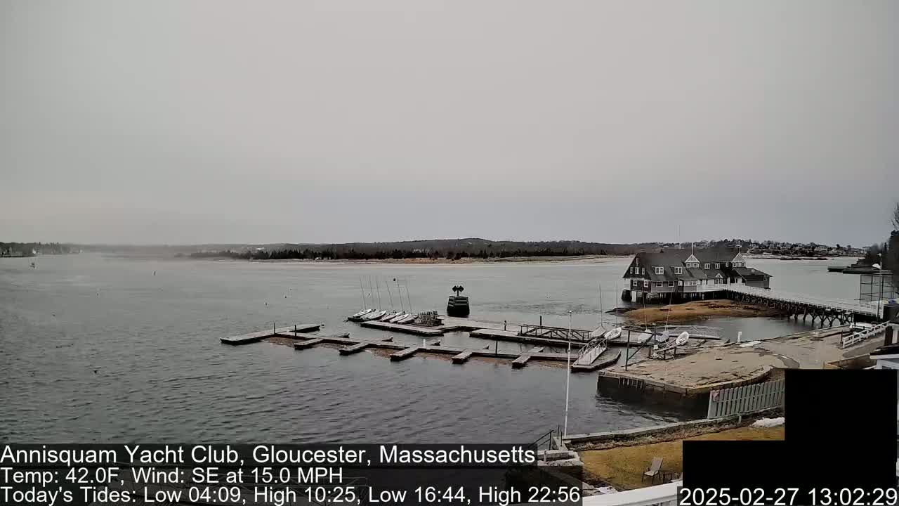 A gray, overcast day shows a calm body of water with a marina containing numerous small sailboats and a large clubhouse on a pier.