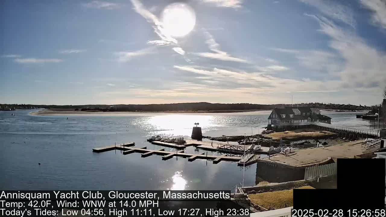 A sunny day with a moderate wind shows a calm body of water with a marina and a waterfront building.