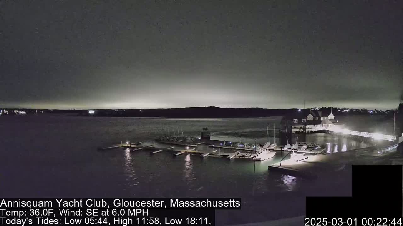 A nighttime view of a marina with boats docked, under a dark, overcast sky.