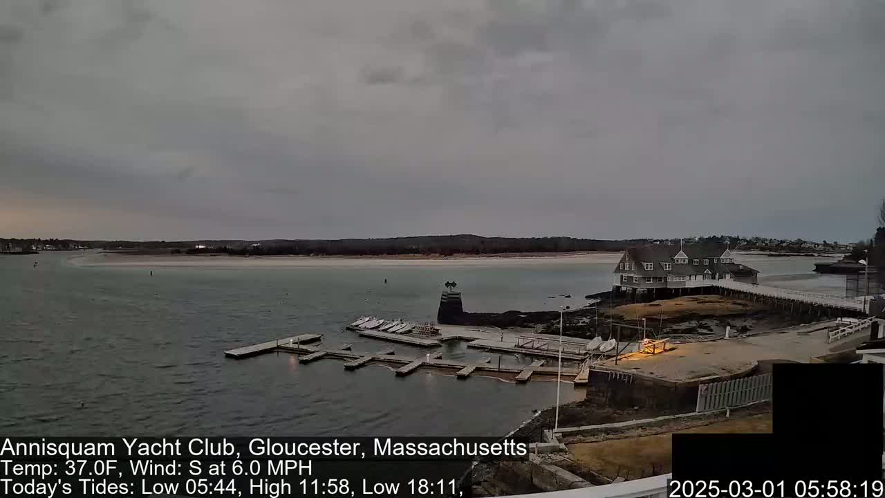 A gray, overcast day shows a calm body of water with boats docked at a waterfront building, a sandy shore in the distance, and a few small boats on the water.