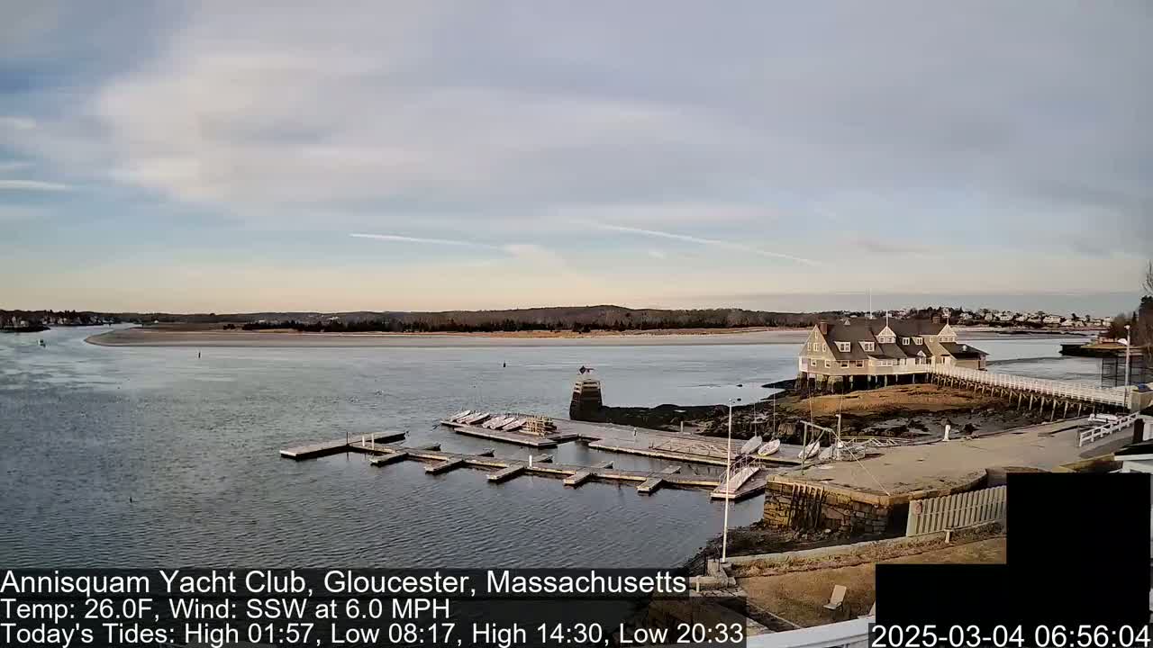 A calm body of water with a yacht club and docks, under a partly cloudy sky.