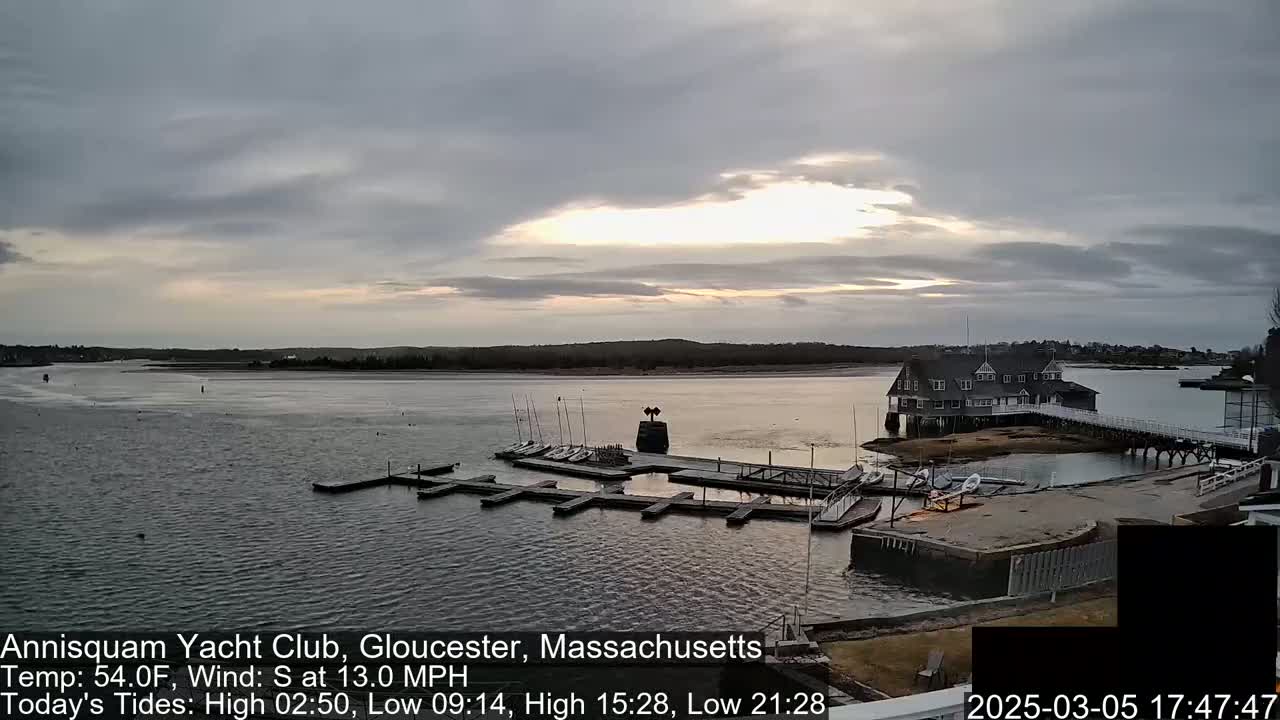 A calm body of water with docked sailboats sits in front of a clubhouse under an overcast sky.