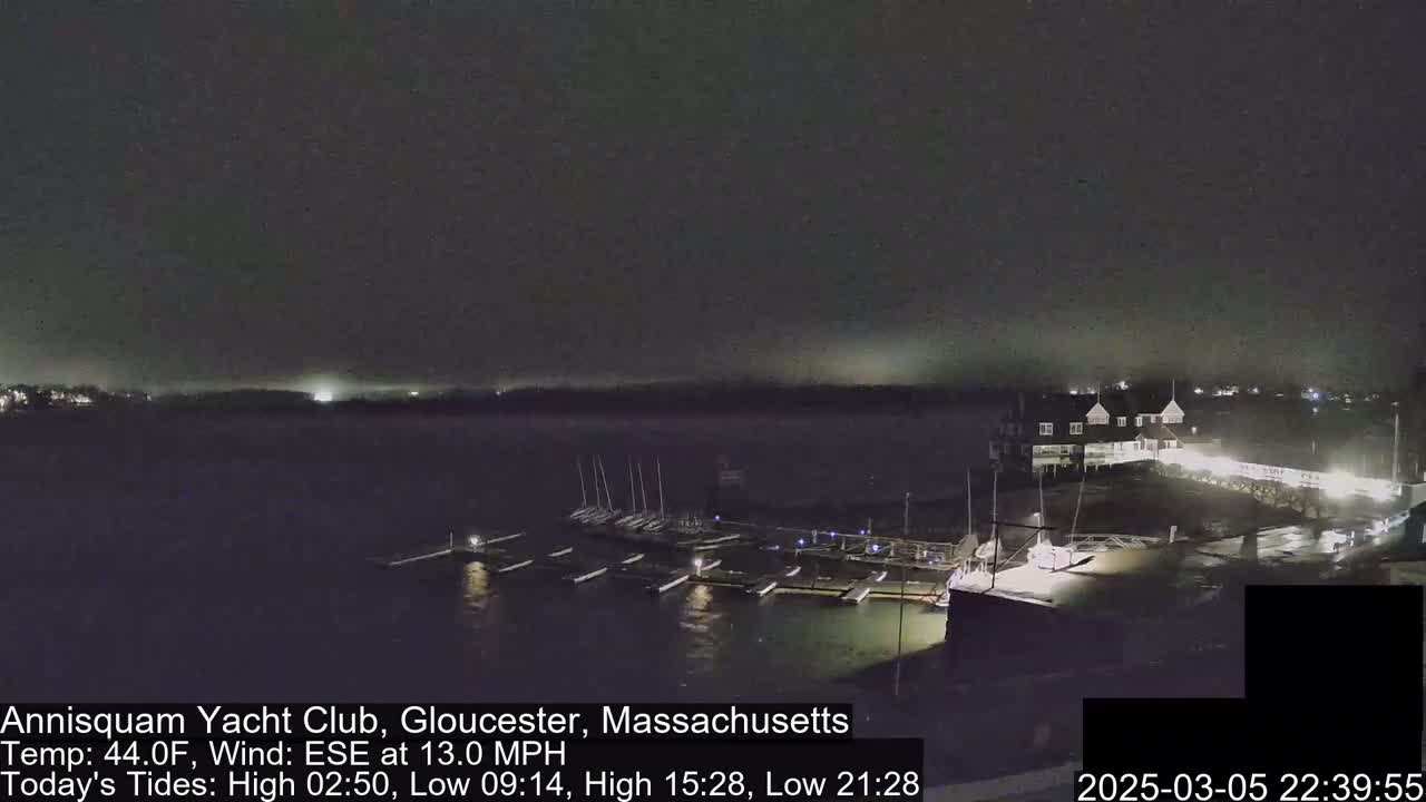 A nighttime view of a marina with docked boats under a dark, foggy sky.