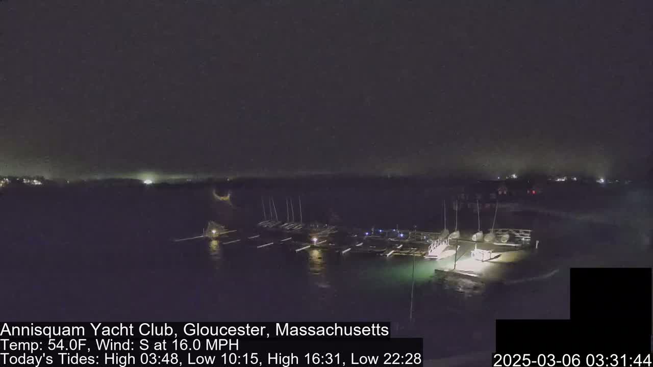 A nighttime view of a marina with numerous boats docked under a dark, cloudy sky and a 16 mph south wind.