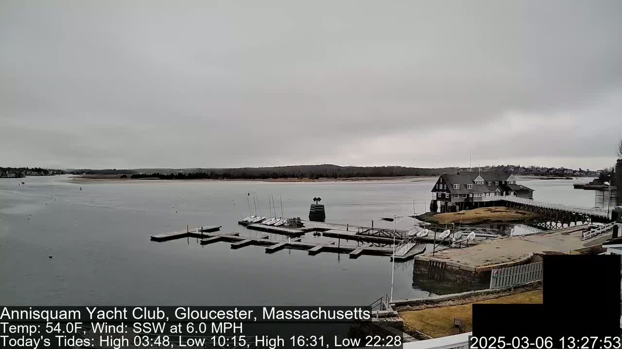 Under an overcast sky, a calm body of water shows a yacht club with several small sailboats docked at its pier.