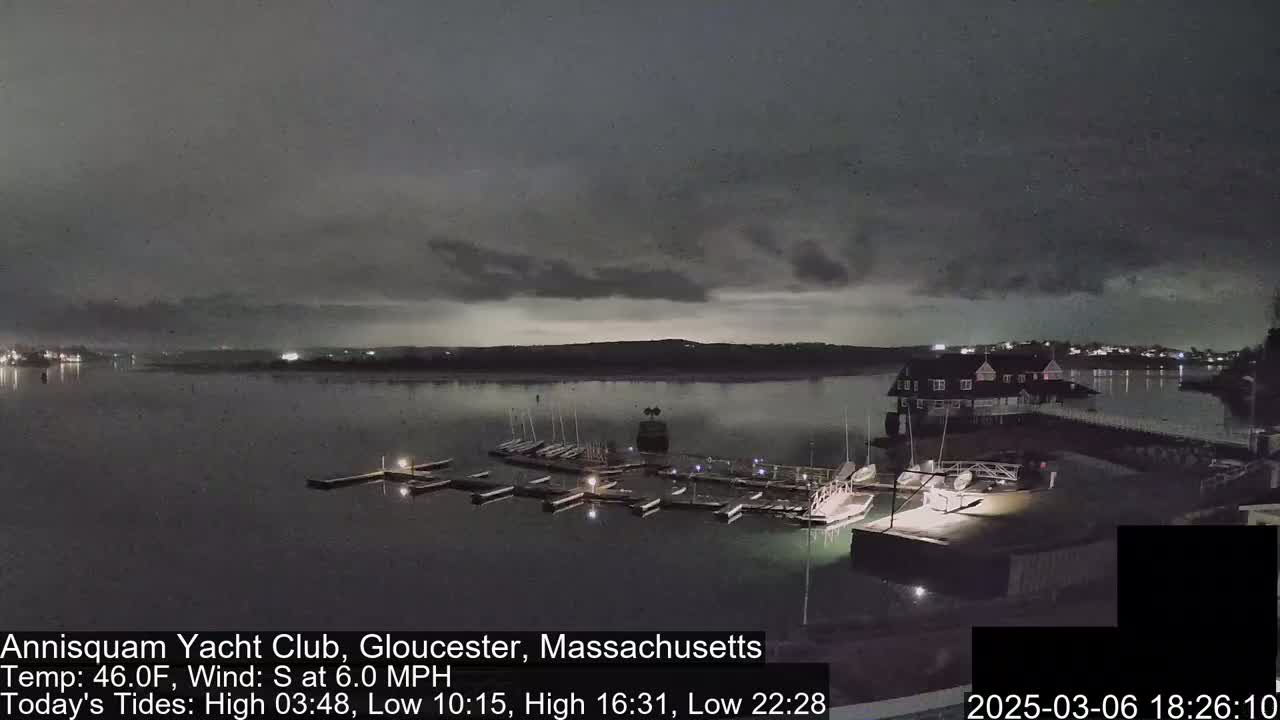 A nighttime view of a marina with boats docked under a dark, cloudy sky.