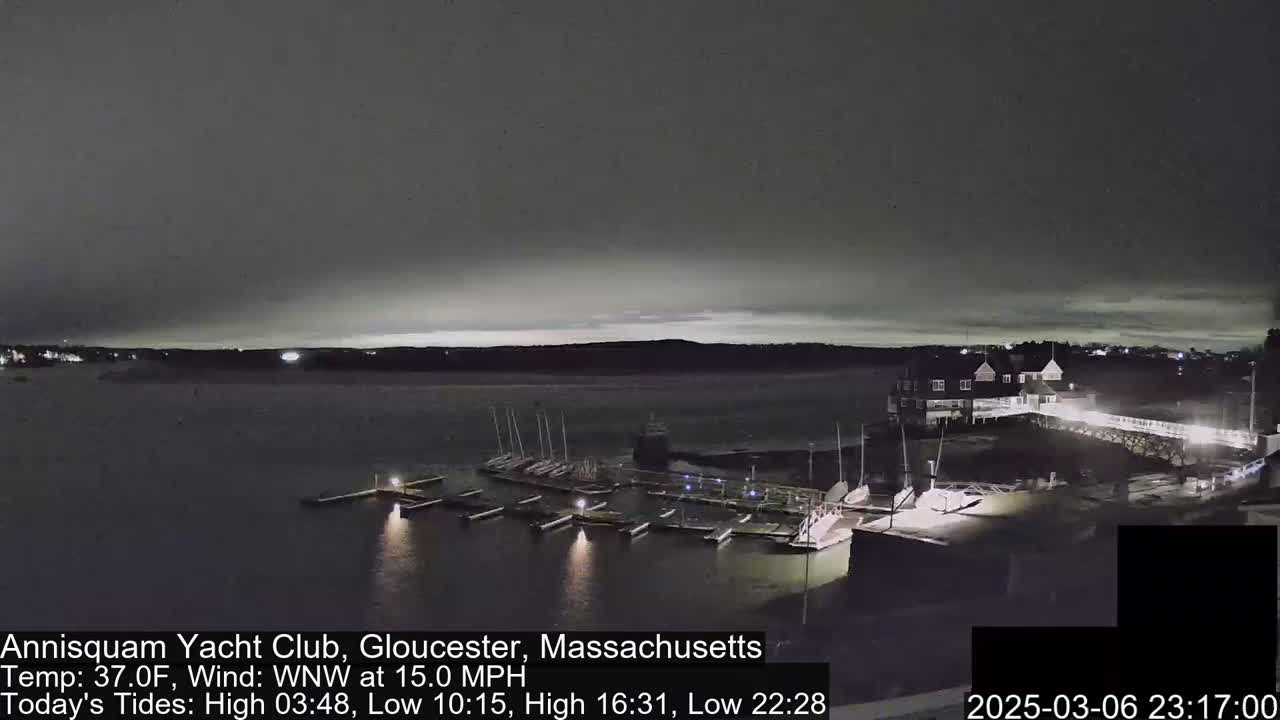A nighttime view of a yacht club harbor with docked sailboats under a dark, overcast sky and a 15 mph wind.