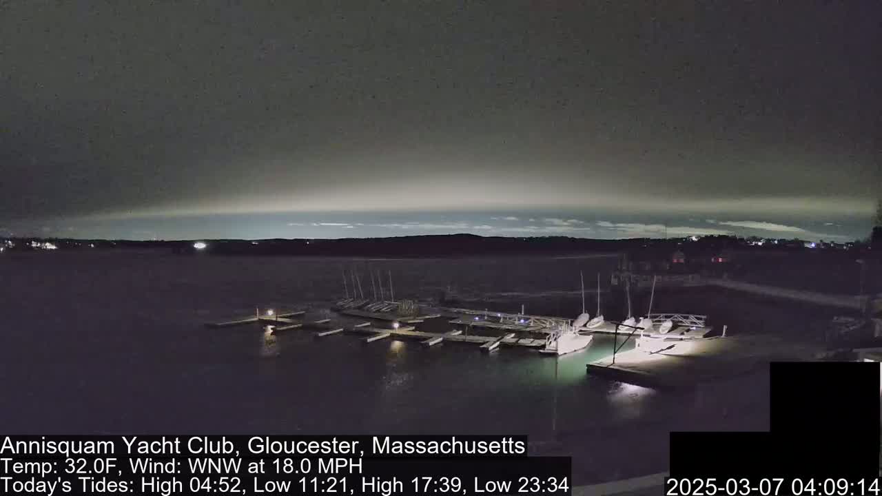 A nighttime view of a marina with boats docked, under a dark, overcast sky with a faint glow near the horizon.