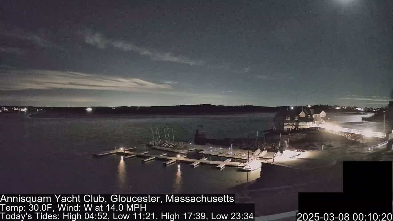 A nighttime view of a marina with docked boats, a clubhouse, and calm water under a partly cloudy sky.