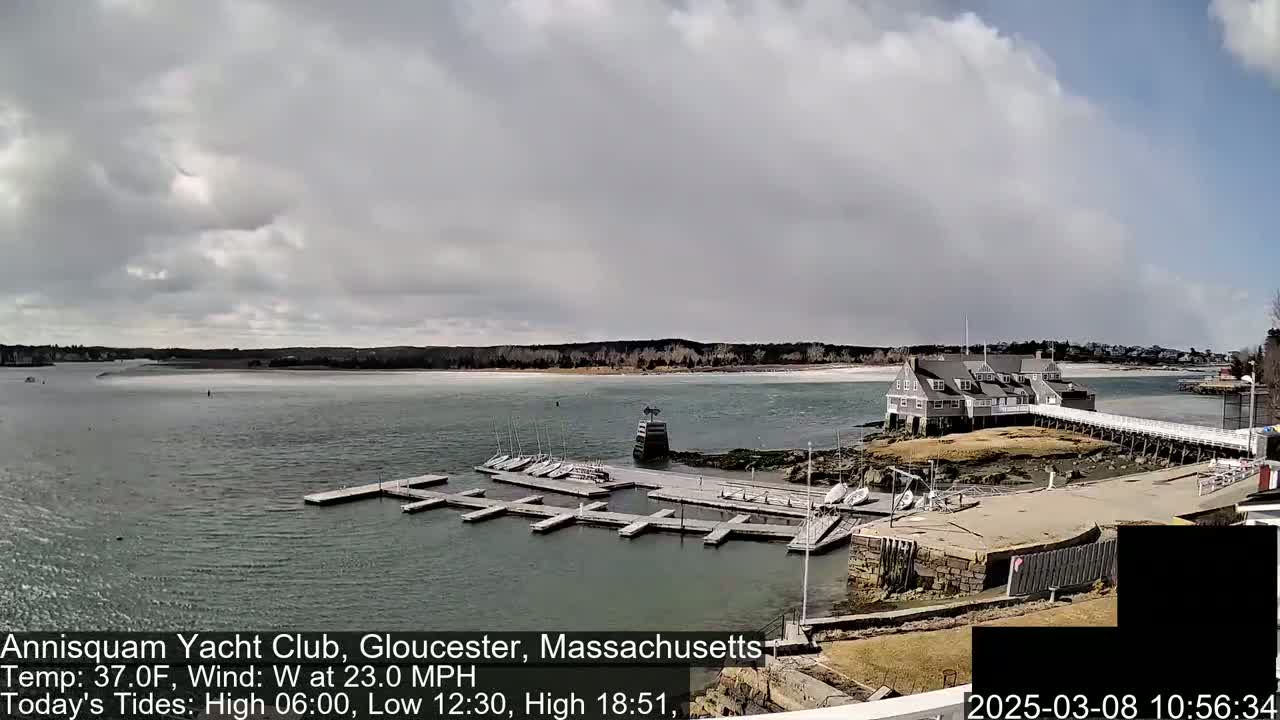 A mostly cloudy day with a strong west wind reveals a yacht club with a dock full of sailboats on a calm body of water.