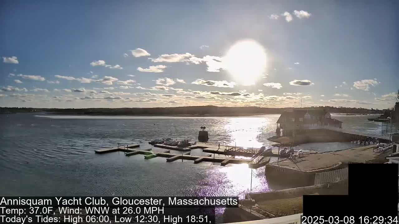 A sunny day with partly cloudy skies and a strong wind shows a waterfront yacht club with docks and boats on a calm body of water.