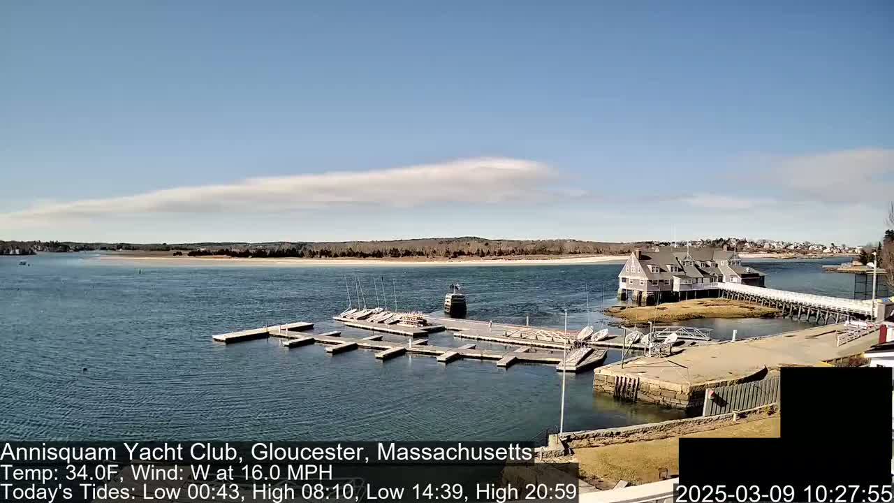 A marina with numerous small sailboats docked at a clubhouse on a calm, sunny day with a light wind.