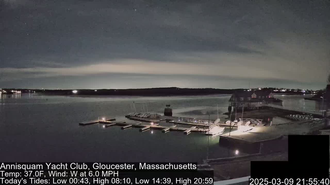 A marina at night under a mostly clear, dark sky with a calm body of water and docked boats.