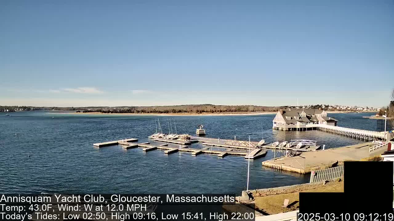 A yacht club with numerous boats docked at its piers sits on a calm body of water under a clear blue sky.