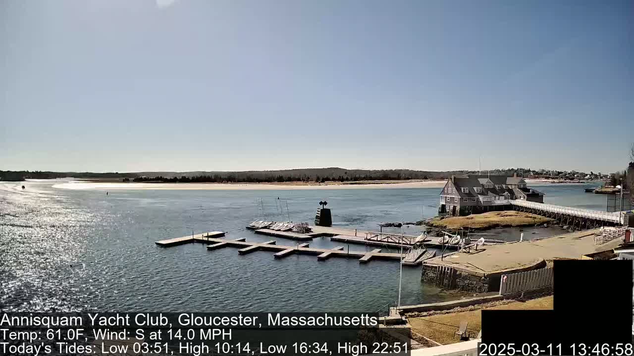 A sunny day shows a waterfront yacht club with a dock and several small boats, a sandy beach in the background, and calm water.