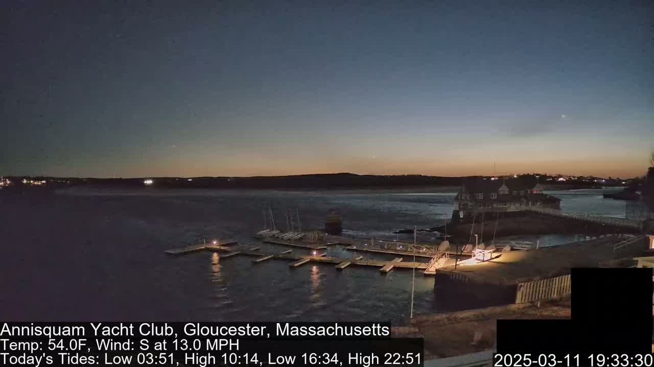 A dark, calm harbor at twilight with a yacht club building, docks, and boats, under a clear sky with a south wind.