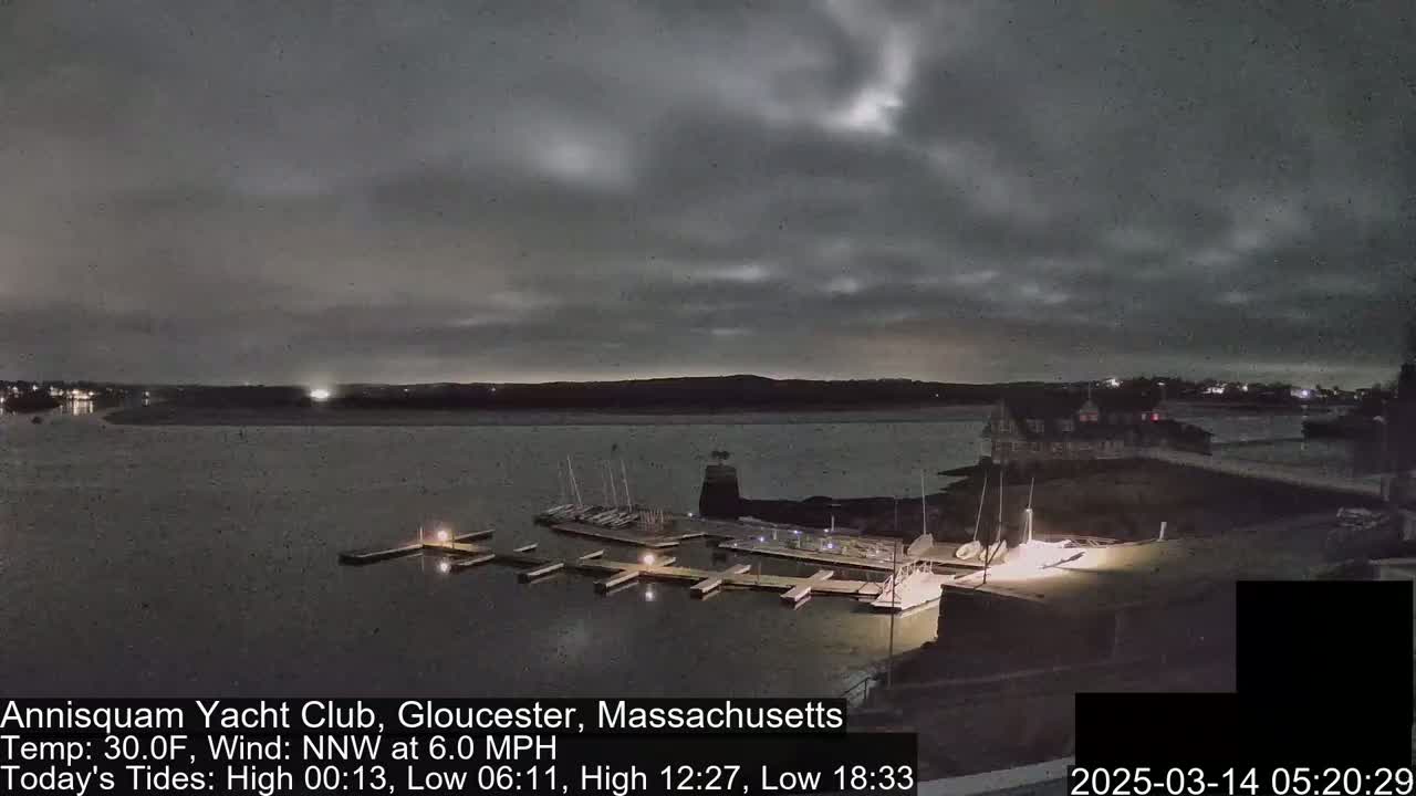 A nighttime view of a marina with boats docked, under a mostly cloudy sky.