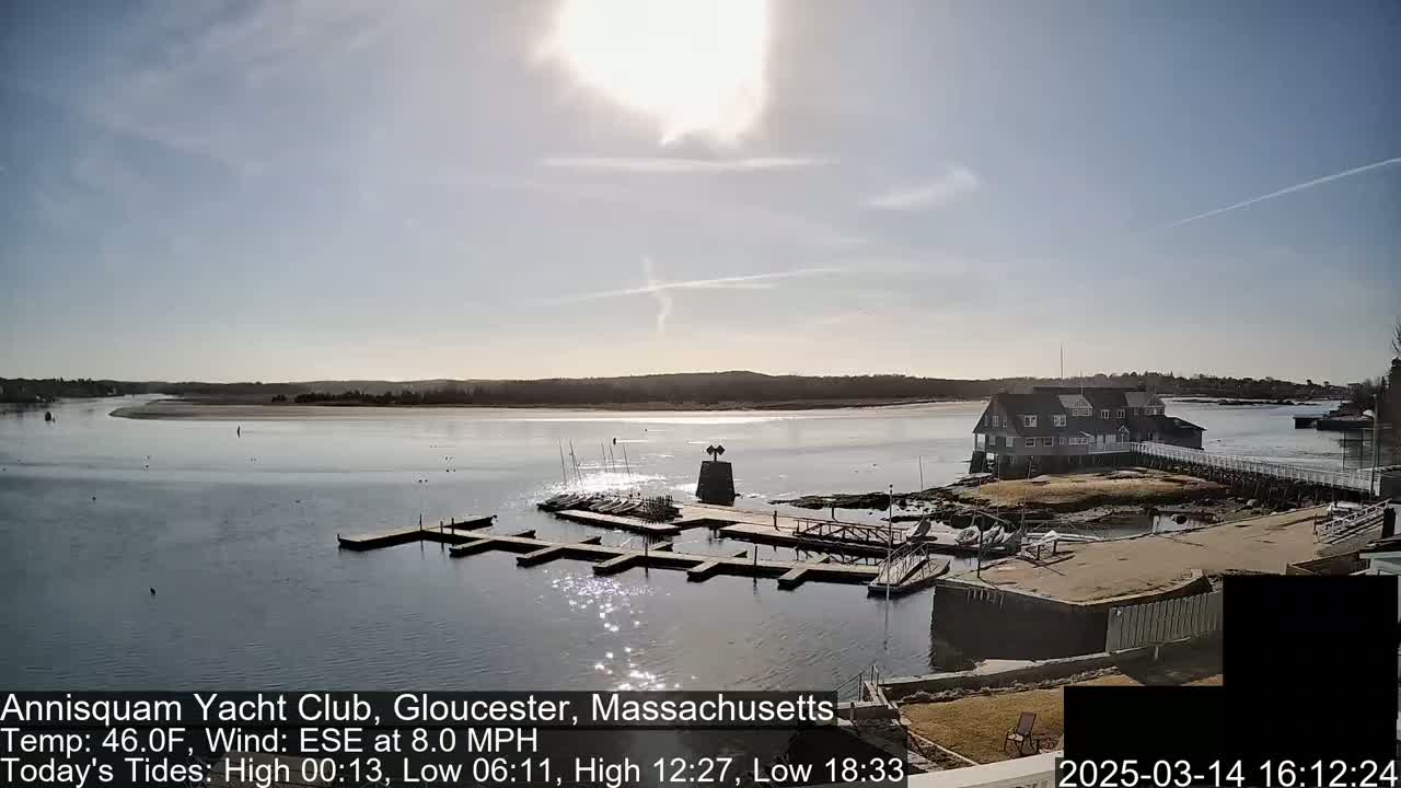 A sunny day with a light wind shows a calm body of water with a yacht club and several small boats docked at a pier.