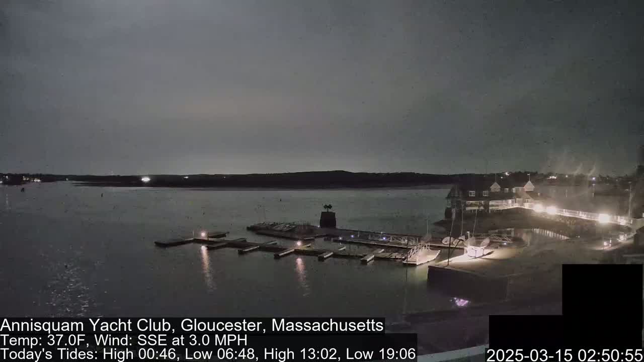 A nighttime view of a marina with boats docked, under a dark, overcast sky.