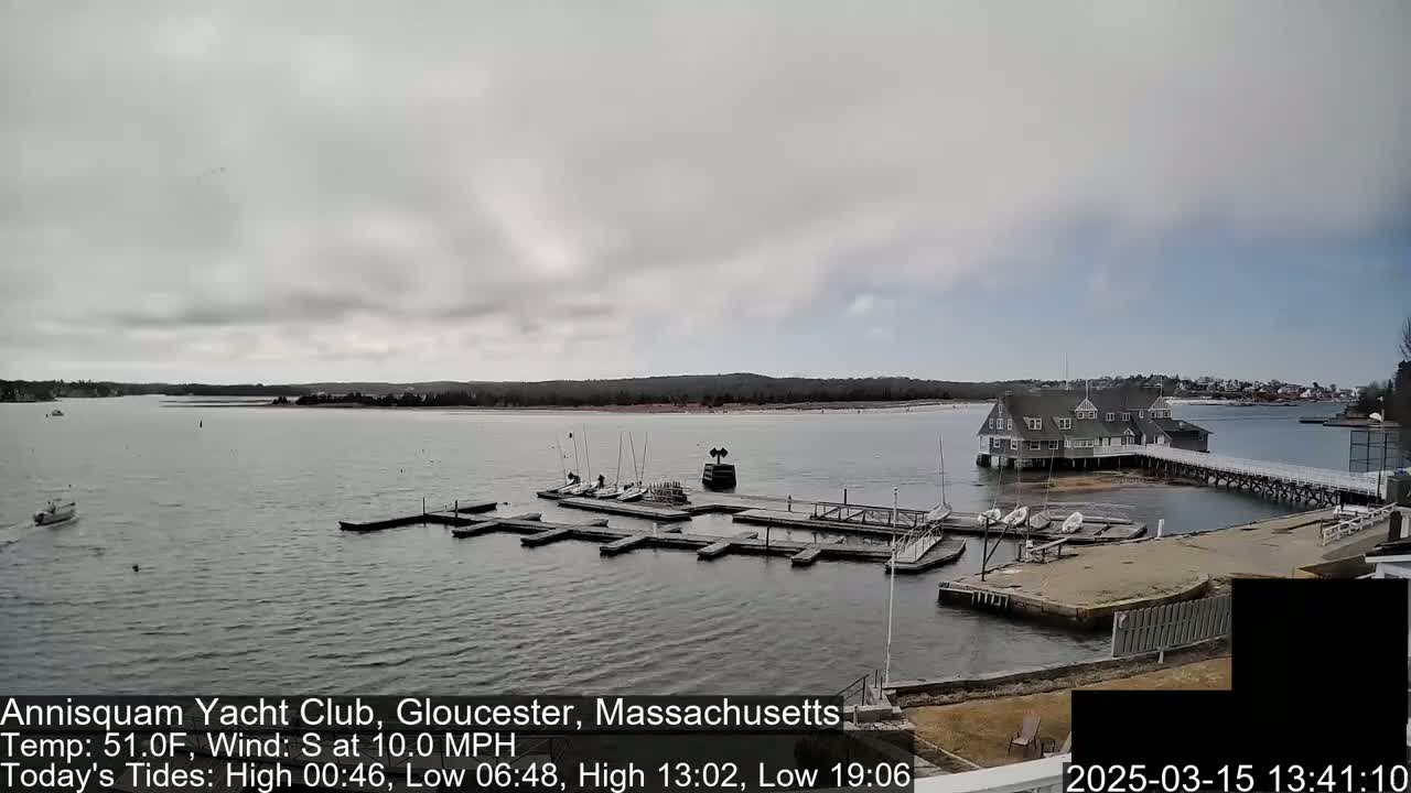 A gray, overcast day shows a calm body of water with several boats docked at a waterfront building and pier.