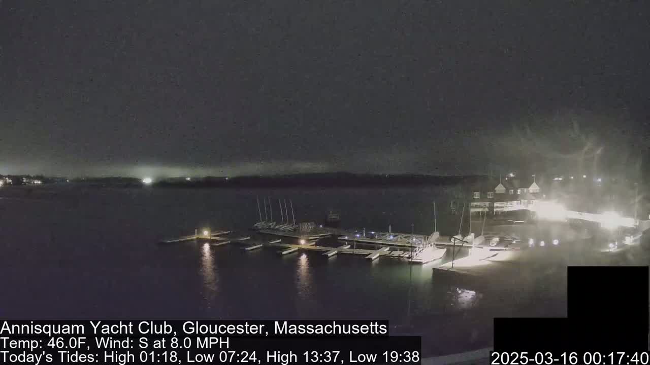 A nighttime view of a marina with boats docked under a dark, possibly snowy sky.