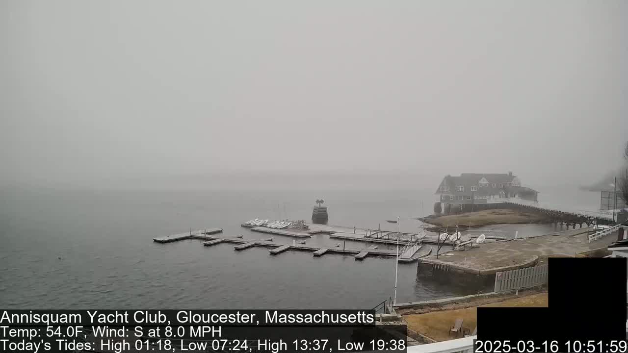 A foggy view of a marina with docked boats and a clubhouse on a calm body of water.