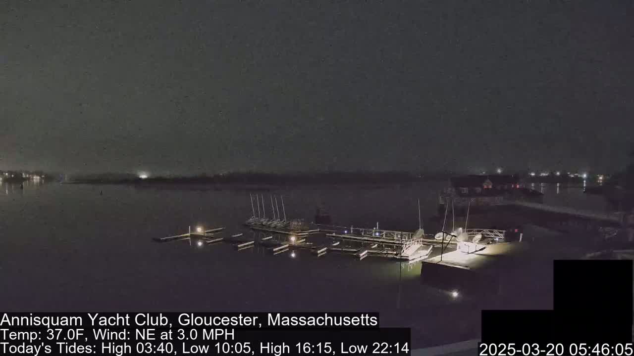 A nighttime view of a marina with several sailboats docked, under a dark, slightly hazy sky.