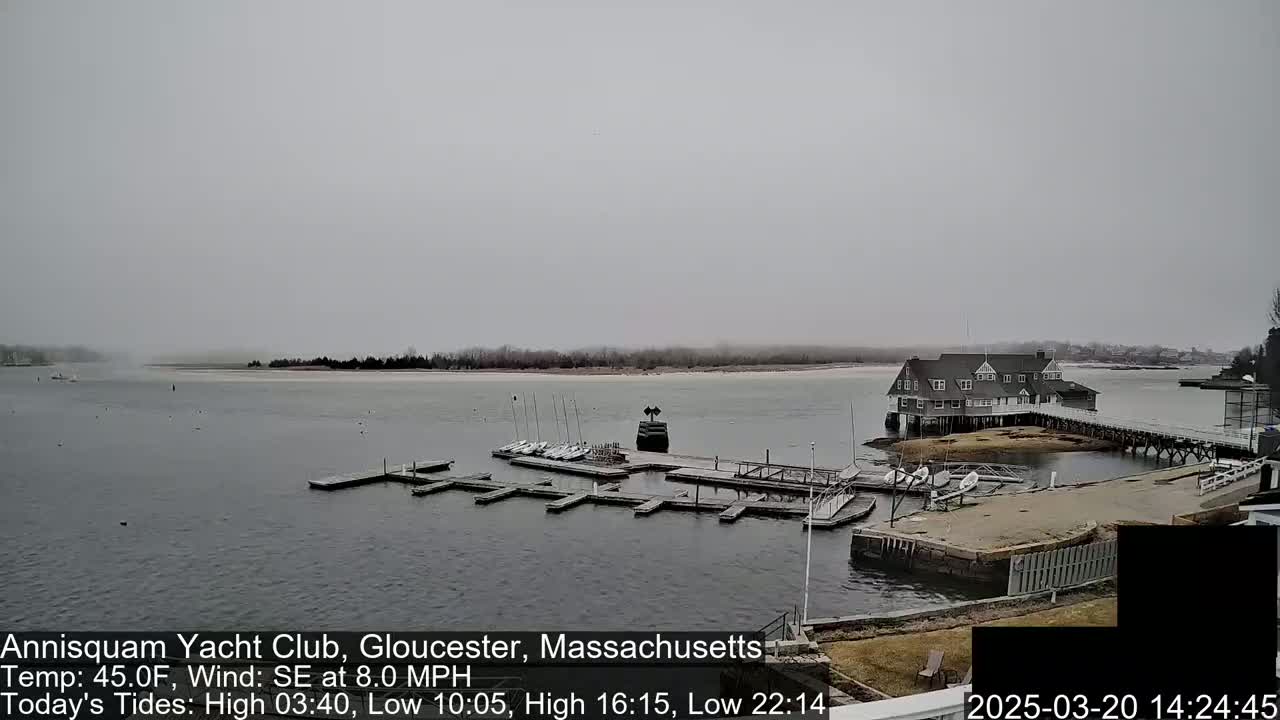A hazy, overcast day shows a calm body of water with a yacht club building, docks, and several sailboats.