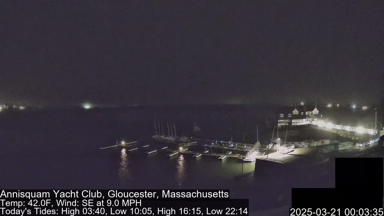A nighttime view of a yacht club marina with boats docked under a dark, hazy sky.