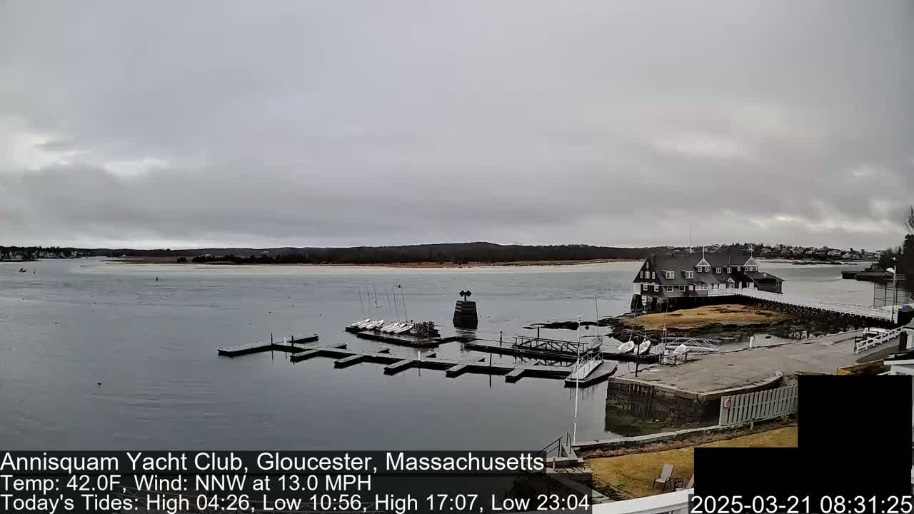 A calm, overcast day shows a yacht club on a small island, with several sailboats docked at a pier in the water.