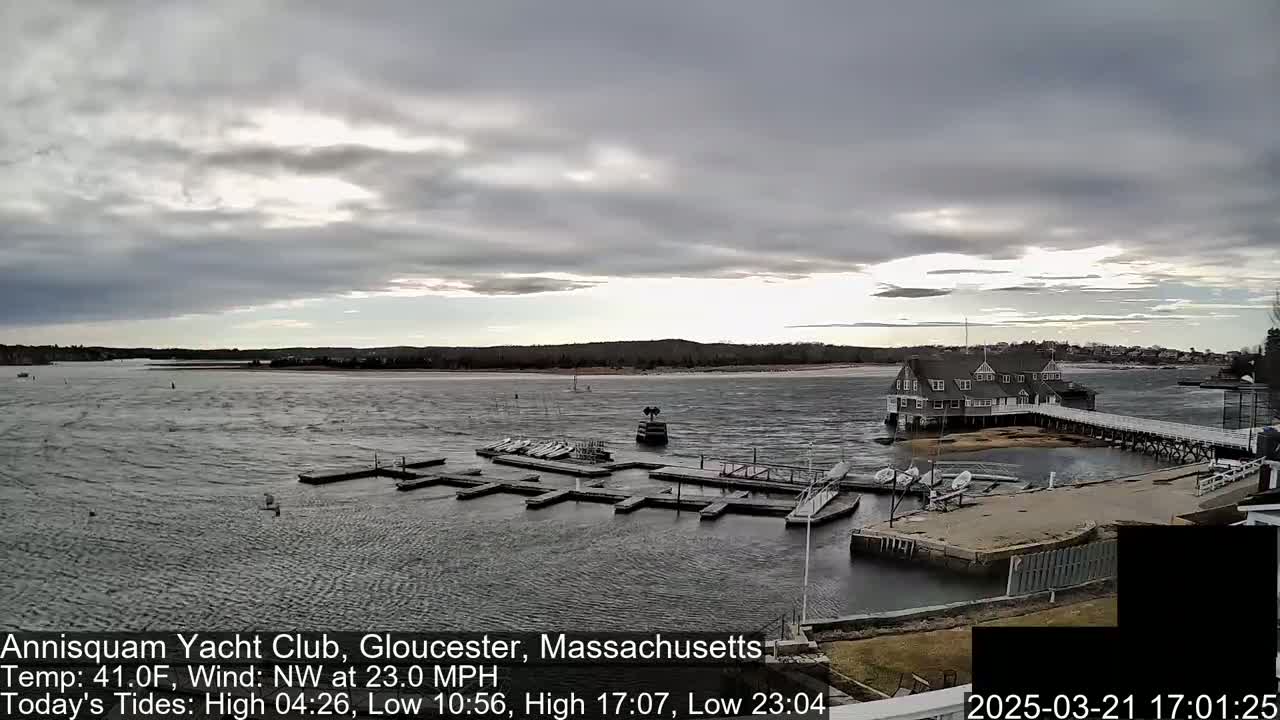 A choppy body of water with numerous small boats docked at a waterfront building under a partly cloudy sky.