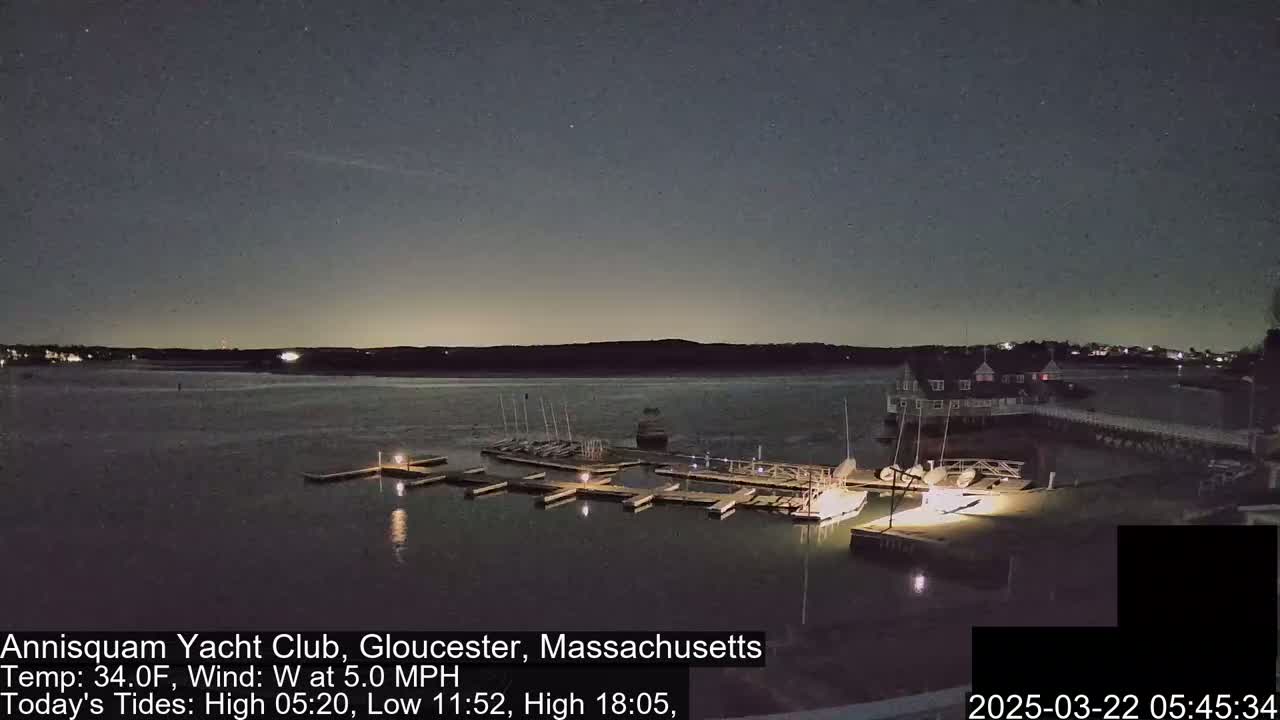 A nighttime view of a marina with boats docked, under a clear, starry sky.