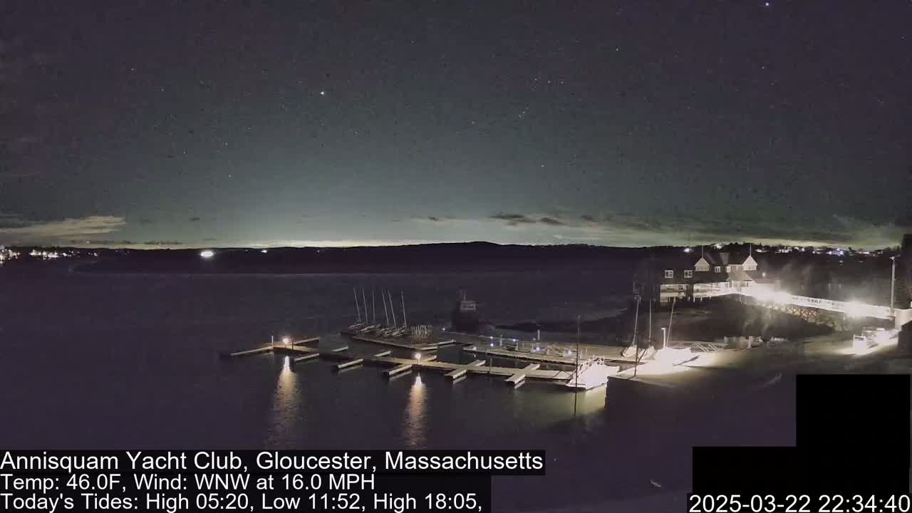A nighttime view of a marina with boats docked, a building lit up, and a calm body of water under a starry sky.