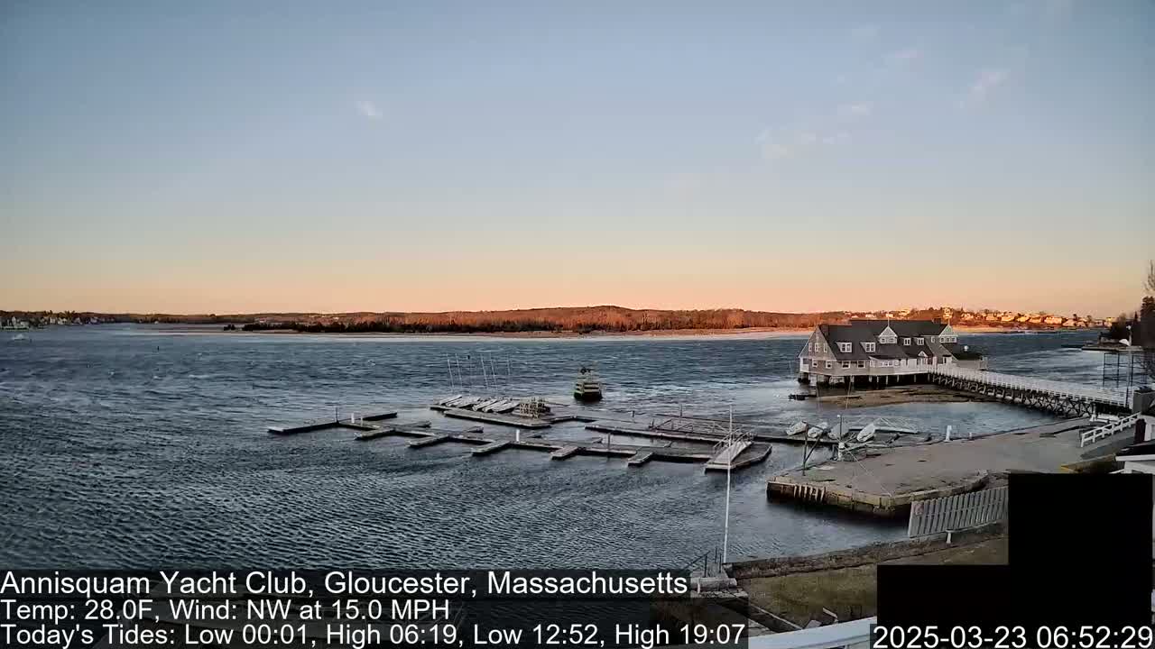 A calm, twilight scene over a body of water shows a dock with several boats, a clubhouse, and a distant shoreline under a clear sky with a northwest wind.