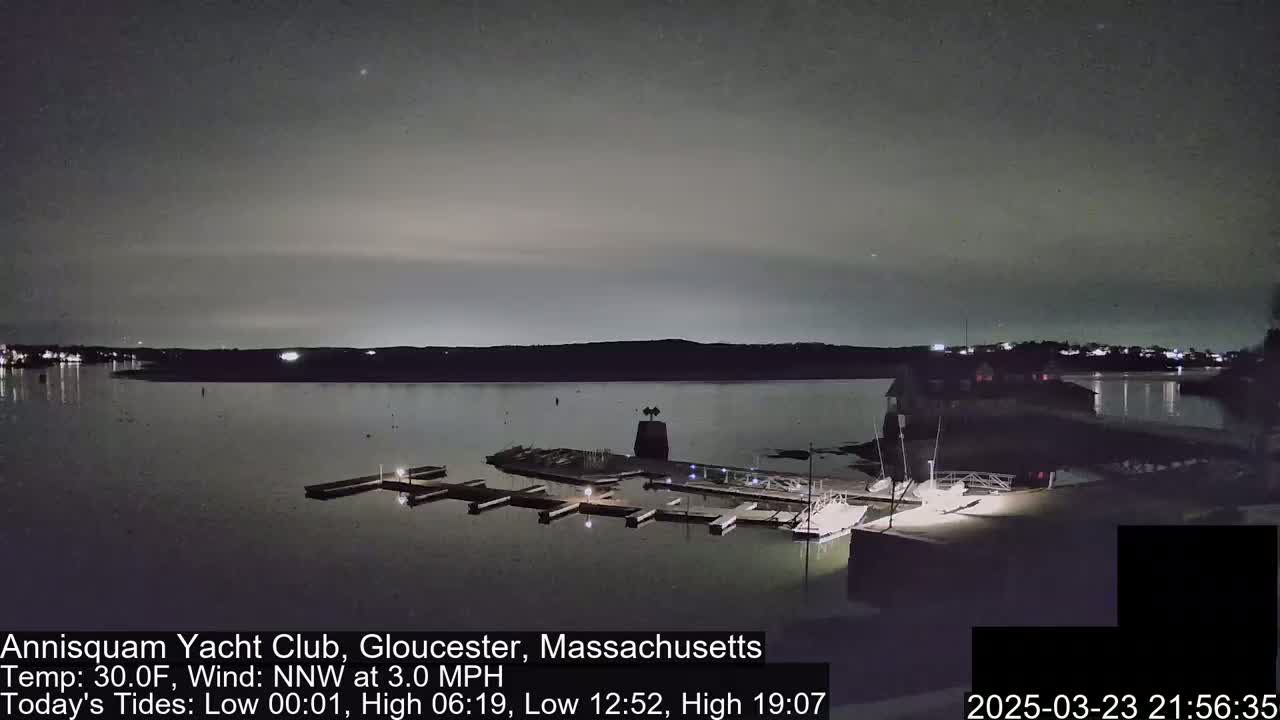 A nighttime view of a calm body of water with a marina and dimly lit shoreline under a dark, overcast sky.