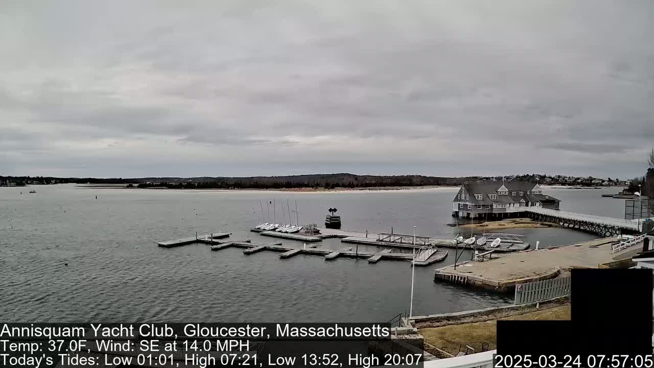 A calm bay with a yacht club and several sailboats docked under a cloudy sky.