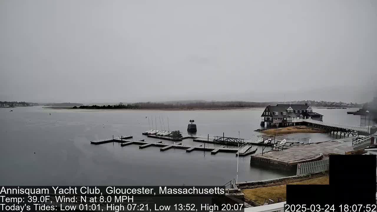 A gray, overcast day shows a calm body of water with a marina, numerous small boats, and a large clubhouse on a small island.