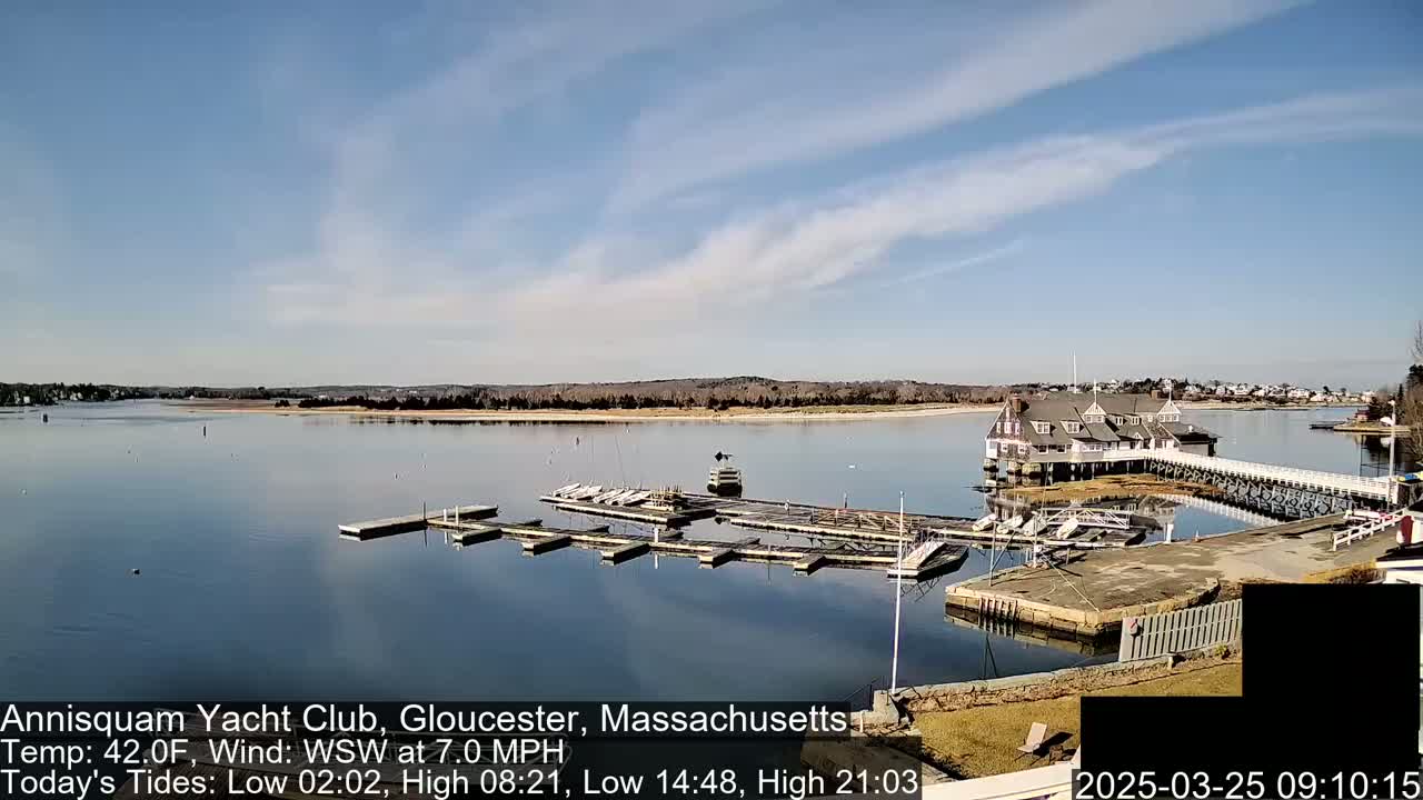 A marina with numerous boats docked at a waterfront clubhouse on a partly sunny day with a light wind.